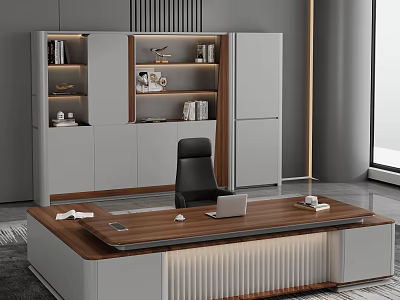 Modern Office Interior With Wooden Desk Laptop Documents And Bookshelf Cabinet 3d model