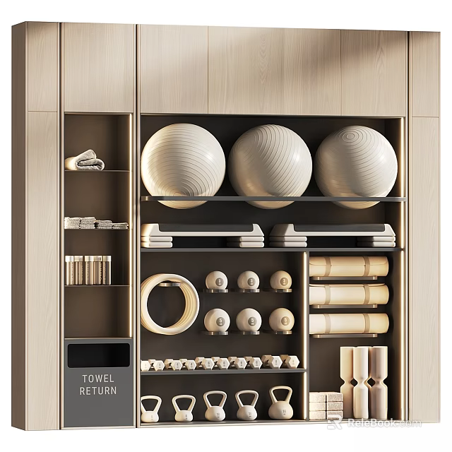Neatly Arranged Sports Equipment With Fitness Balls Yoga Mats And Dumbbells On Shelves 3d model 