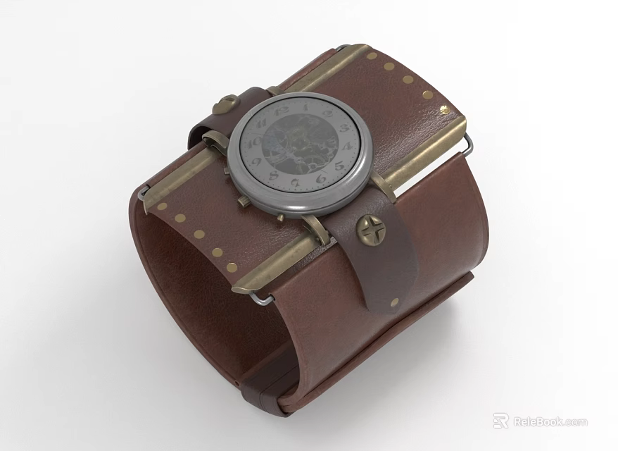 Brown Leather Wristband With Metal Accents And Round Dial Fashion Accessory 3d model 