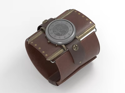 Brown Leather Wristband With Metal Accents And Round Dial Fashion Accessory 3d model