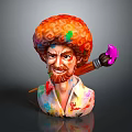 Vibrant Game Movie Character With Colorful Curly Hair Beard Paint Splattered Clothes And Purple Paintbrush