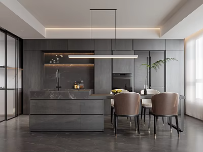 Modern Restaurant Interior With Dark Cabinets Island Chairs And Pendant Lighting 3d model