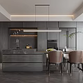 Modern Restaurant Interior With Dark Cabinets Island Chairs And Pendant Lighting