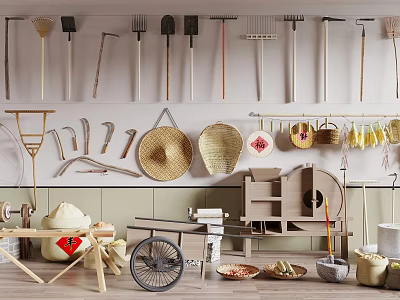 Charming Garden Decor With Hanging Tools Straw Hats Wicker Baskets Wheelbarrow And Clay Pots 3d model