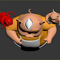 Chubby Pig Character In Yellow Apron With Devil And Angel Holding White Sign With Round Logo