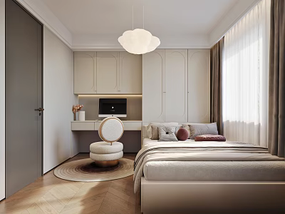 Modern Minimalist Tatami Bedroom Interior With White Pendant Light Desk And Window Curtains 3d model