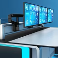 Modern Console Desks With Multiple Monitor Screens Office Chair And Blue Lighting