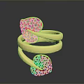 Luxurious Gold Ring With Twisted Band Heart Shaped Green Gemstones And White Diamonds