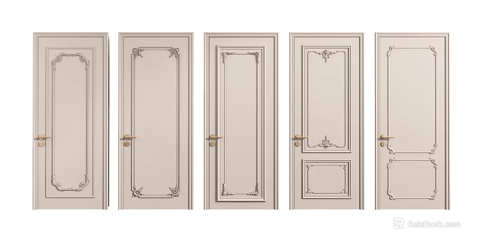 Elegant White Swing Doors With Carved Frames And Metal Handle Design 3d model 