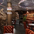 Stylish Bar Interior With Round Tables Leather Chairs Unique Ceiling And Wine Racks