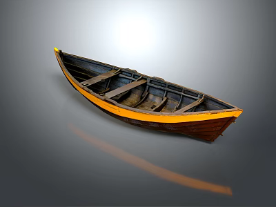 Traditional Wooden Boat with Brown Hull Yellow Trim Interior Seats and Reflection 3d model