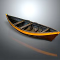 Traditional Wooden Boat with Brown Hull Yellow Trim Interior Seats and Reflection