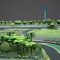 Curved Racing Track With Green Areas Trees Houses Tower And Small Pond In Scenic Layout