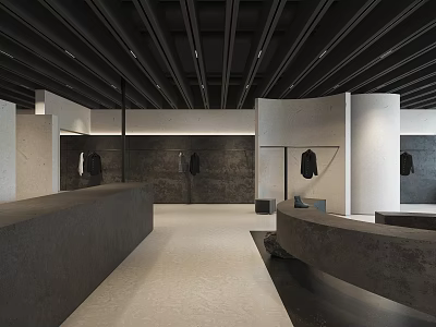 Minimalist Modern Clothing Store Interior With Gray Counter And Hanging Clothes 3d model