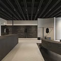 Minimalist Modern Clothing Store Interior With Gray Counter And Hanging Clothes