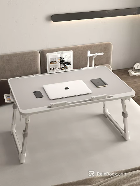 Functional Foldable White Desk with Laptop Mobile Phone Magazine and Desk Lamp 3d model 