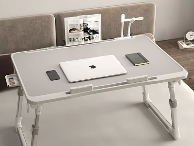 Functional Foldable White Desk with Laptop Mobile Phone Magazine and Desk Lamp 3d model