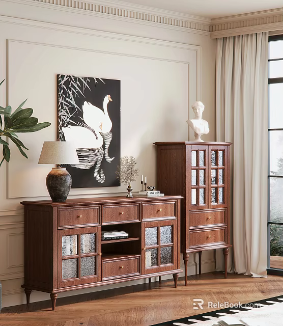 Wooden Entryway Cabinet and Side Cabinet with Glass Doors Decorative Wall Art and Table Lamp 3d model 