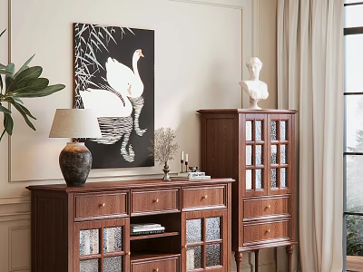 Wooden Entryway Cabinet and Side Cabinet with Glass Doors Decorative Wall Art and Table Lamp 3d model