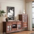 Wooden Entryway Cabinet and Side Cabinet with Glass Doors Decorative Wall Art and Table Lamp