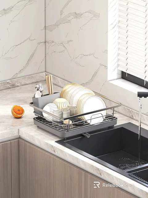 Stainless Steel Dish Drying Rack With Organized Dishes Bowls And Chopsticks On Marble Kitchen Countertop 3d model 