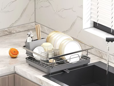Stainless Steel Dish Drying Rack With Organized Dishes Bowls And Chopsticks On Marble Kitchen Countertop 3d model