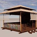 Japanese Style Pavilion Featuring Thatched Roof Wooden Pillars Bamboo Screen And Shelves