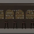 Stylish Bar Counter With Wooden Wall Arched Shelves Liquor Bottles And Pink Cushion Stools