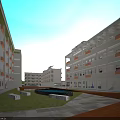 Modern School Building Exterior With Wide Campus Street And High Rise Buildings