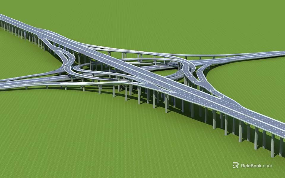 Highway Bridge Interchange With Multiple Curved Lanes And Concrete Piers On Green Grass 3d model 