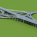 Highway Bridge Interchange With Multiple Curved Lanes And Concrete Piers On Green Grass