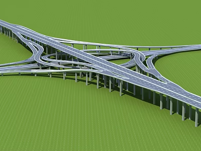 Highway Bridge Interchange With Multiple Curved Lanes And Concrete Piers On Green Grass 3d model