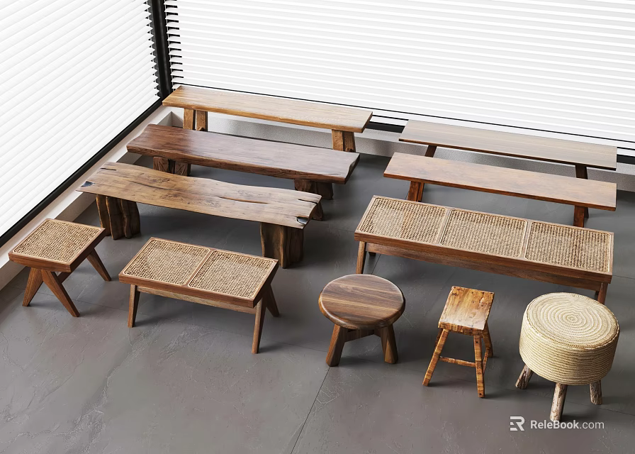 Wooden Benches and Rattan Stools with Various Designs in Indoor Setup 3d model 
