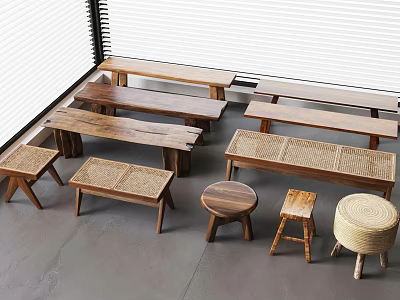 Wooden Benches and Rattan Stools with Various Designs in Indoor Setup 3d model