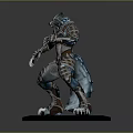 Wolf Headed Humanoid Armored Sculpture in Squatting Pose With Claws and Round Base