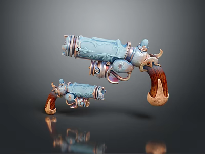Decorative Fantasy Pistols With Blue Metallic Finish Intricate Carvings And Wooden Grips 3d model