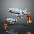 Decorative Fantasy Pistols With Blue Metallic Finish Intricate Carvings And Wooden Grips