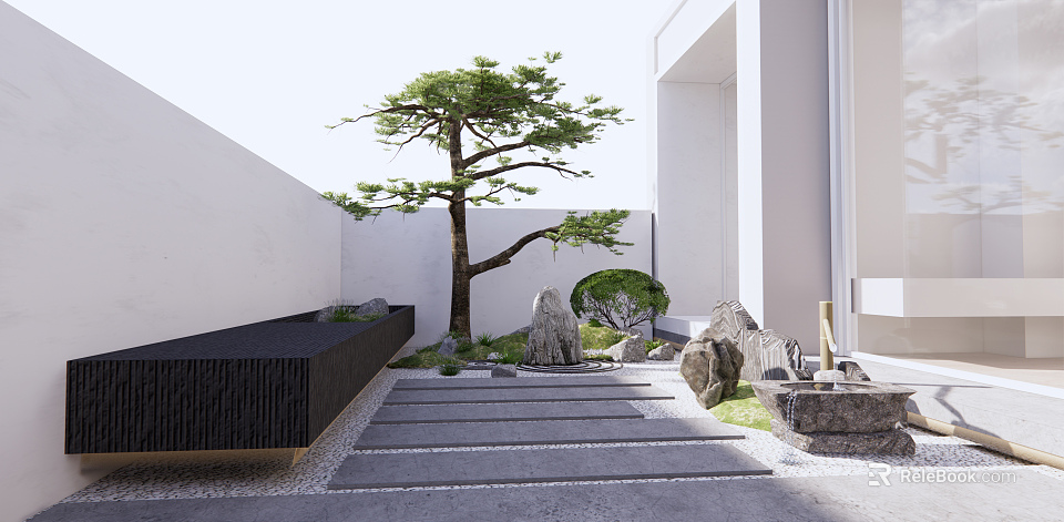 Zen Courtyard Garden Design With Pine Tree Rocks Stepping Stones And Fountain 3d model 