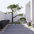 Zen Courtyard Garden Design With Pine Tree Rocks Stepping Stones And Fountain