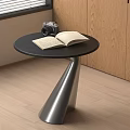 Modern Round Side Table With Black Top Silver Cone Base And Open Book Camera 3d model