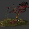 Red Maple Tree With Curved Branches Red Leaves Fallen Leaves Stone Path And Lantern
