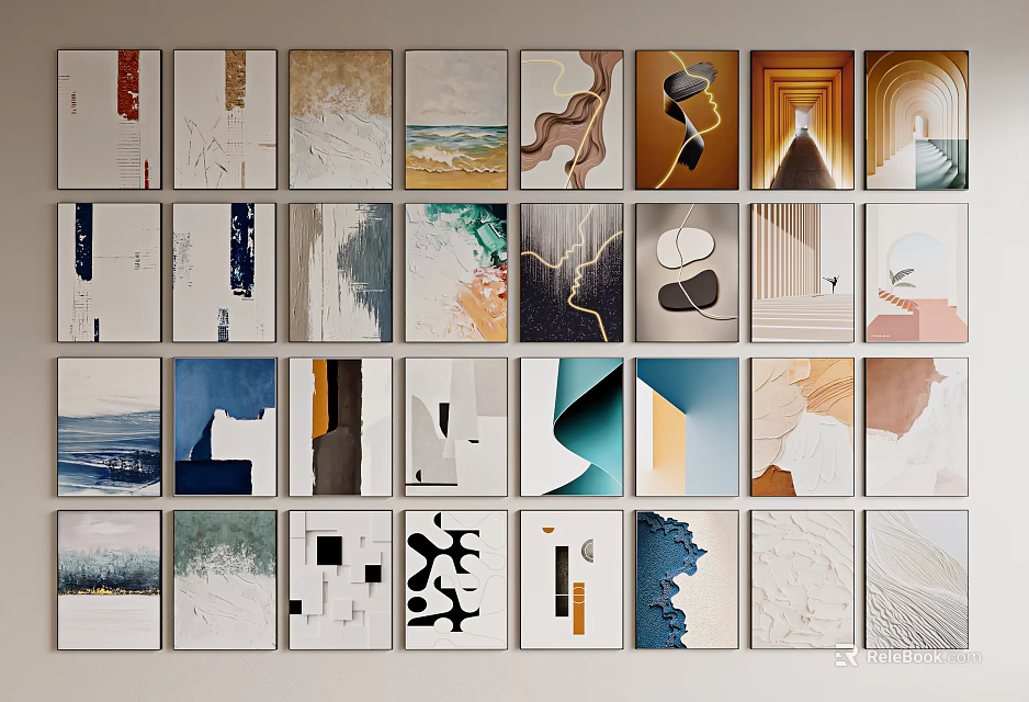 Collection of Various Style Decorative Wall Art with Colorful Abstract Designs 3d model 