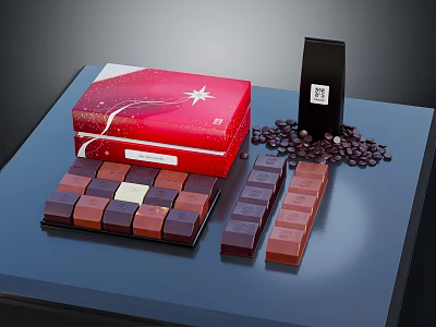 Assorted Chocolate Pieces in Red Box with Coffee Beans and Black Package 3d model