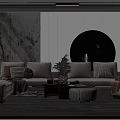 Elegant Modern Sofa Coffee Table Combination With Beige Cushions Marble Top And Pendant Lights