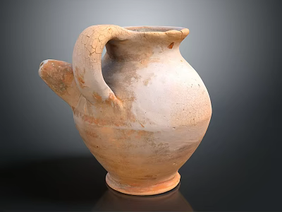 Hand Carved Terracotta Clay Pot Sculpture with Textured Surface and Curved Handle 3d model