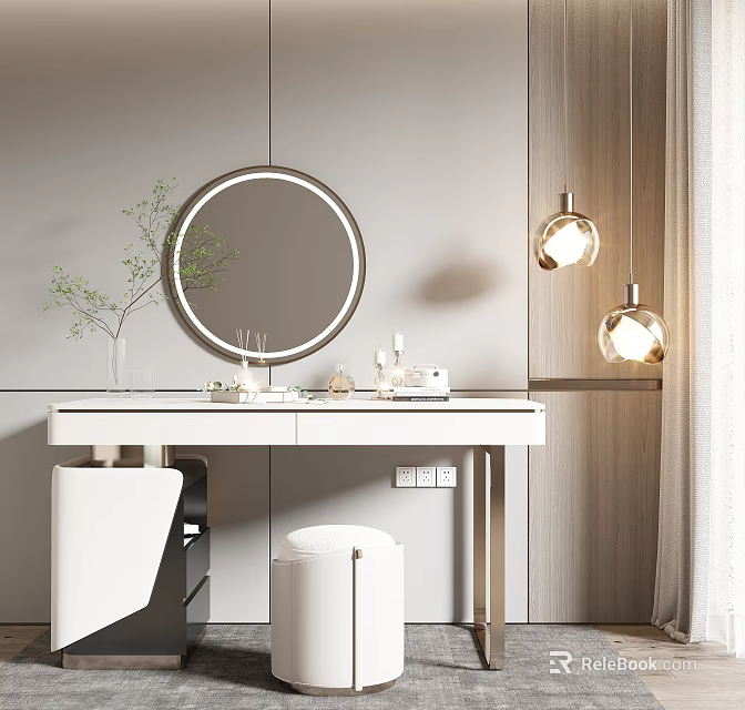 Modern Elegant Dressing Table With Round Mirror White Countertop Skincare Products And Pendant Lights 3d model 