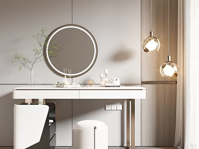 Modern Elegant Dressing Table With Round Mirror White Countertop Skincare Products And Pendant Lights 3d model
