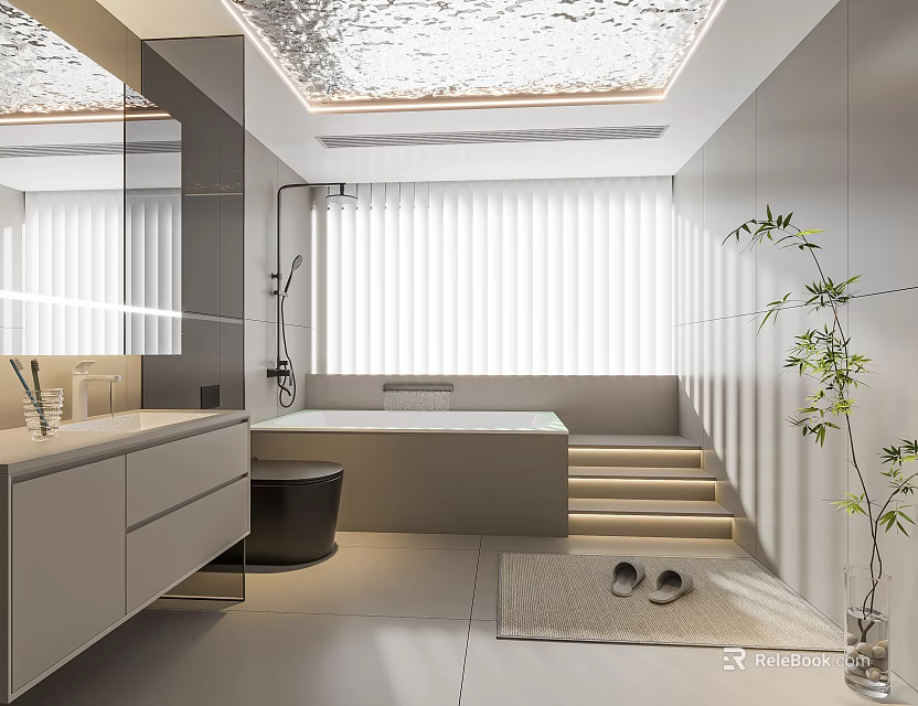 Modern Minimalist Luxury Bathroom With Spacious Bathtub Soft Lighting And Fresh Green Plant Decor 3d model 