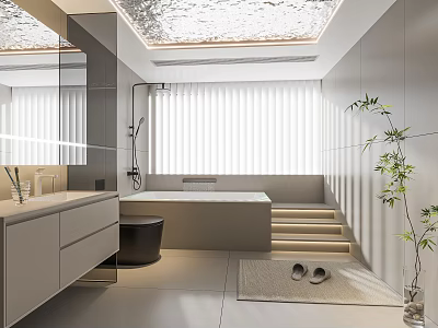Modern Minimalist Luxury Bathroom With Spacious Bathtub Soft Lighting And Fresh Green Plant Decor 3d model