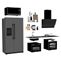 Modern Kitchen Appliances Set with Refrigerator Microwave Oven Range Hood Sink and Coffee Maker
